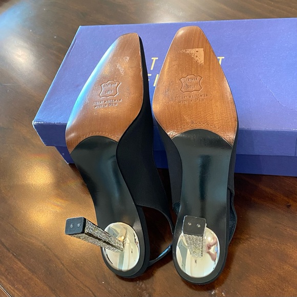 Stuart Weitzman Black Satin Slingbacks with Crystal Rhinestone Studded Heels - Picture 10 of 15